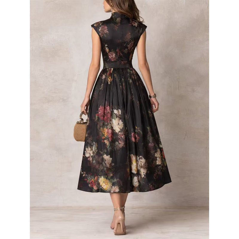 Sleeveless black three-dimensional floral print long skirt slim fit dress