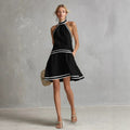 Choker Neck Fashion Short Dress with Striped Trim, Comfortable Sleeveless Fitted Dress