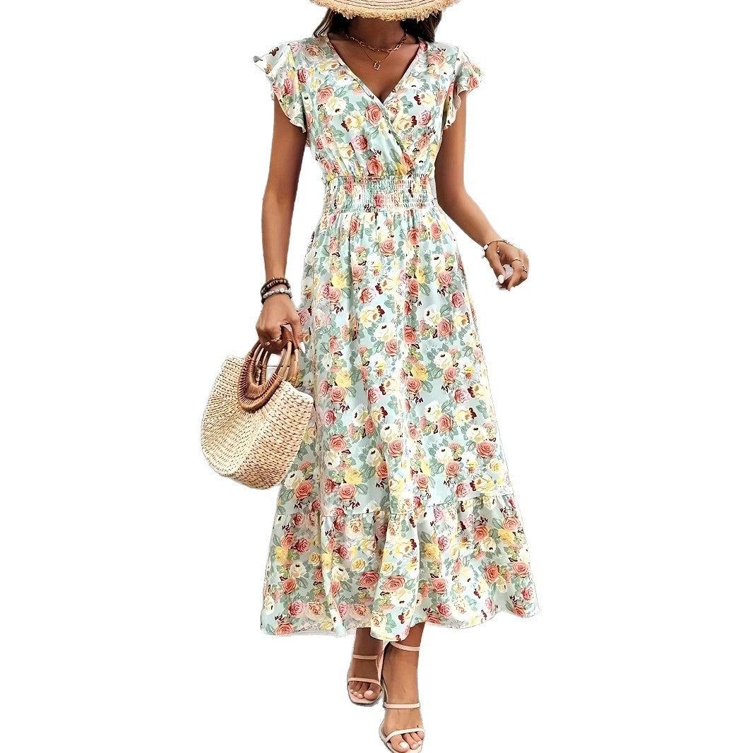 Clothing  Elegant Floral Print V-Neck Short Sleeve Fitted Dress