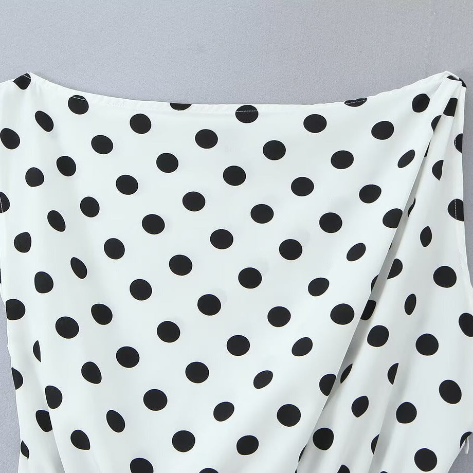 Retro one line slanted shoulder size polka dot patchwork dress