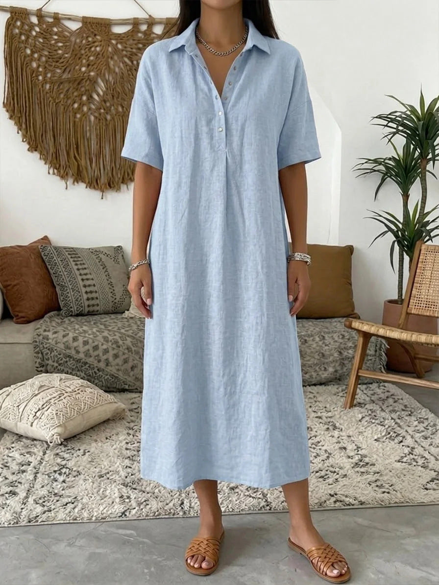 Casual Straight Fit Comfortable Linen Short Sleeve Polo Neck Dress for Women