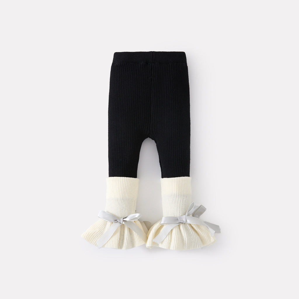 Baby Girls Fleece Lined Thick Knit Pants Cute Bow Bottoming Pants for Toddlers