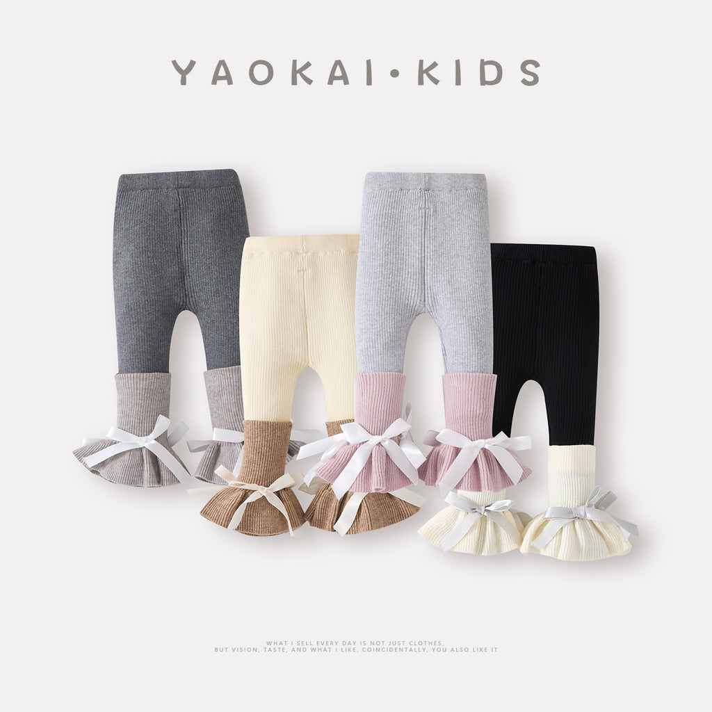 Baby Girls Fleece Lined Thick Knit Pants Cute Bow Bottoming Pants for Toddlers