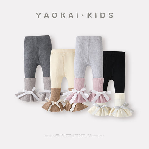 Baby Girls Fleece Lined Thick Knit Pants Cute Bow Bottoming Pants for Toddlers