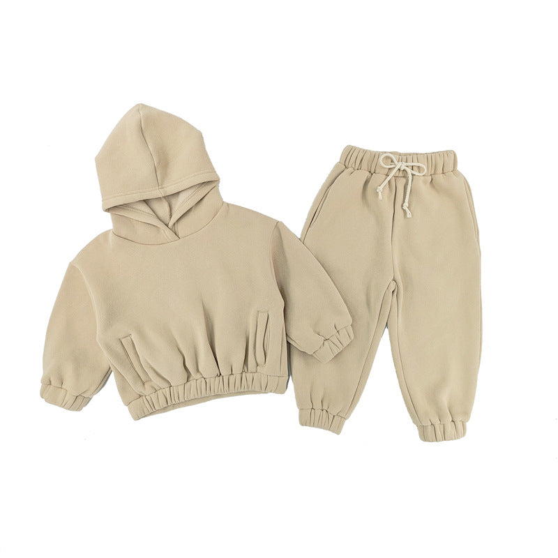 Solid color fleece hooded sweatshirt leg tied pants casual children's suit