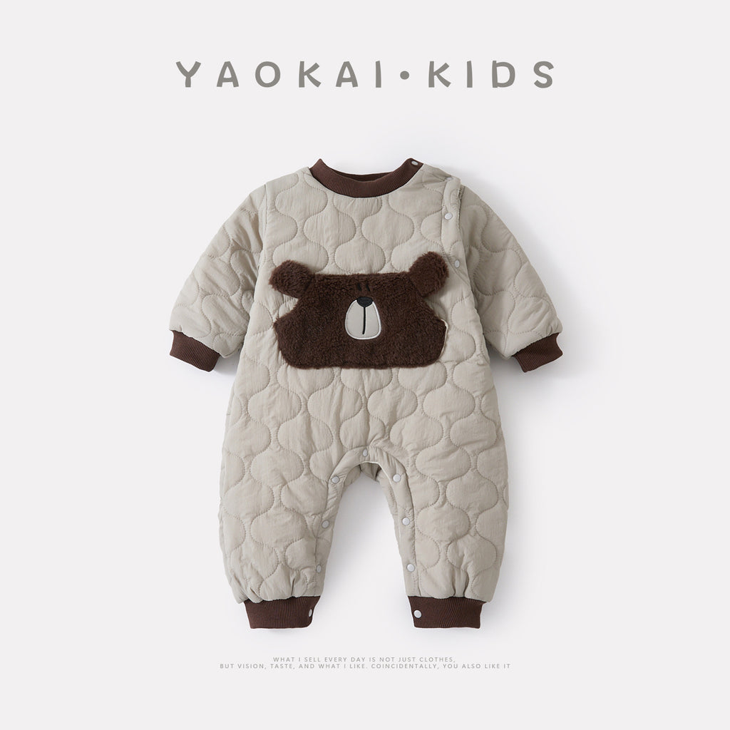 Fleece Cartoon Romper, Korean Style Thick Warm Baby One-Piece, Trendy Design