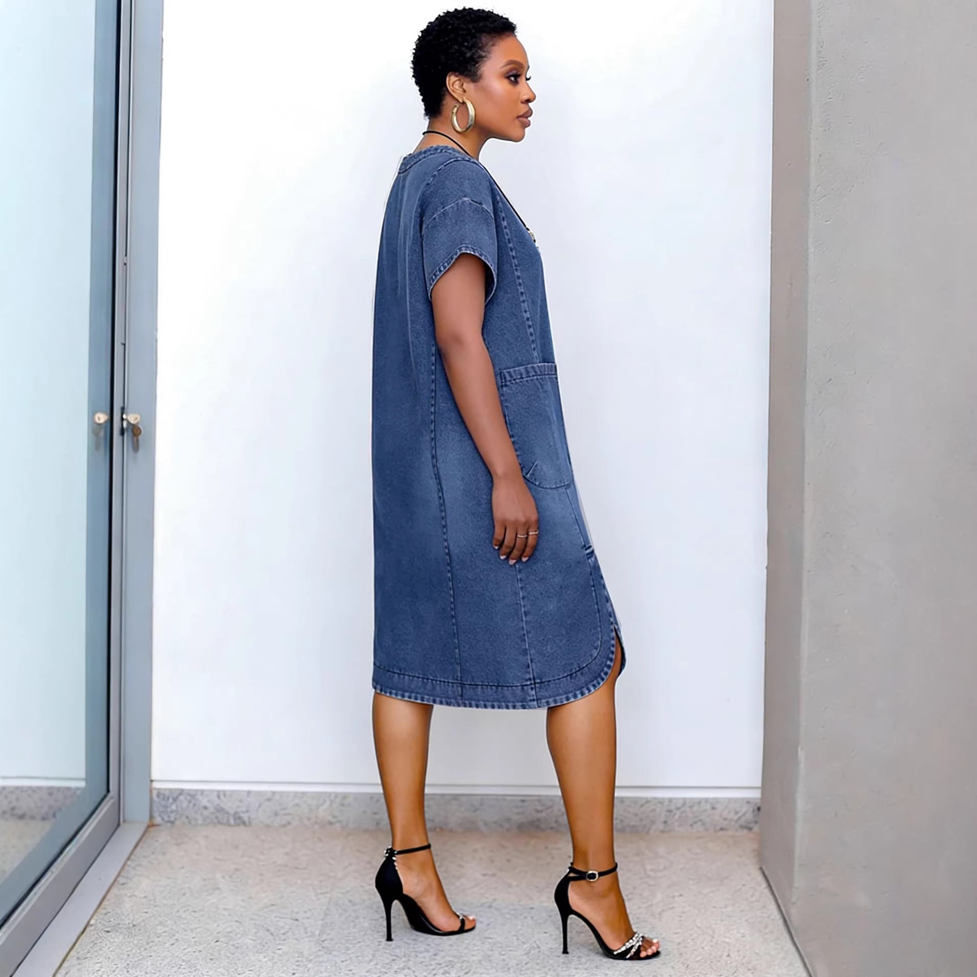 Casual Shoulder-Sleeve Short Sleeve Split Rounded Hem Denim Dress