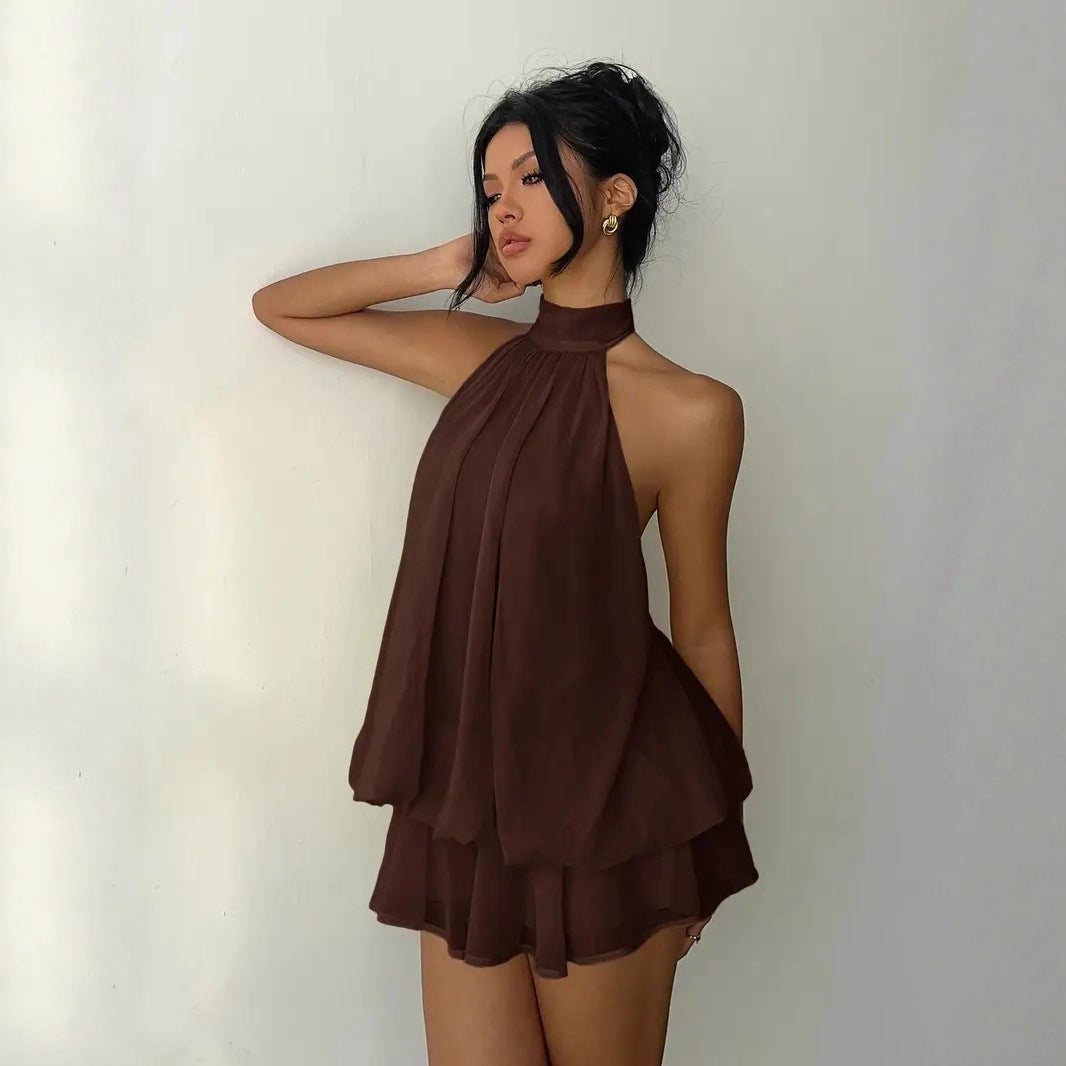 Women's vacation fitted sexy backless halter neck tie-waist dress with puffy short skirt