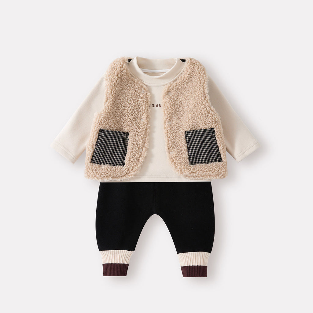 Fleece Vest Set for Girls, Cozy Outerwear with Lined Top and Pants Three-Piece Set