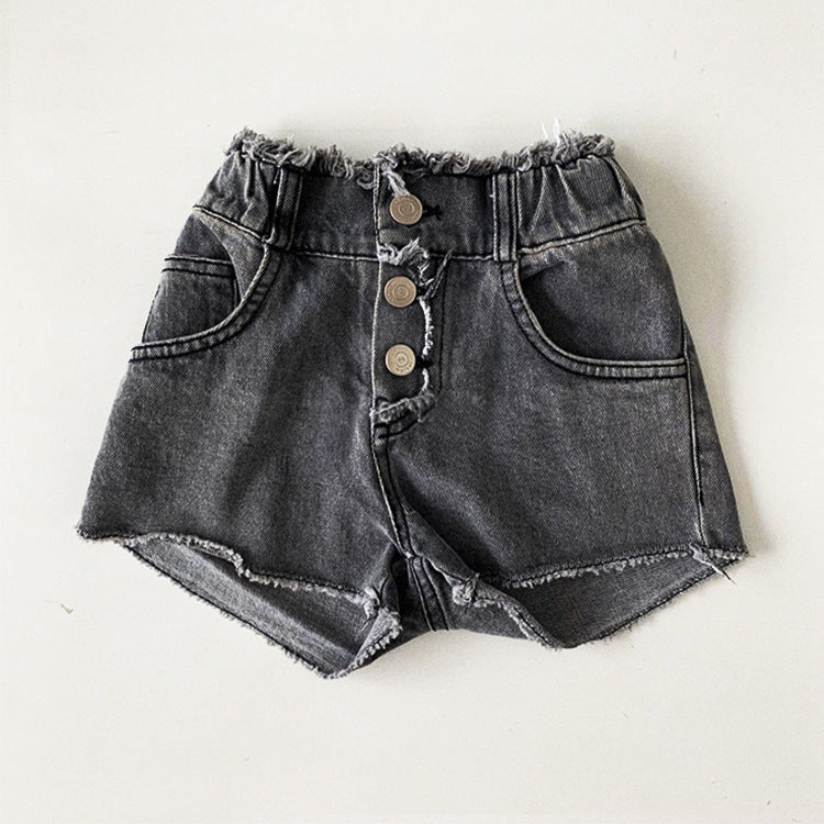 High waisted washed frayed slightly elastic denim shorts