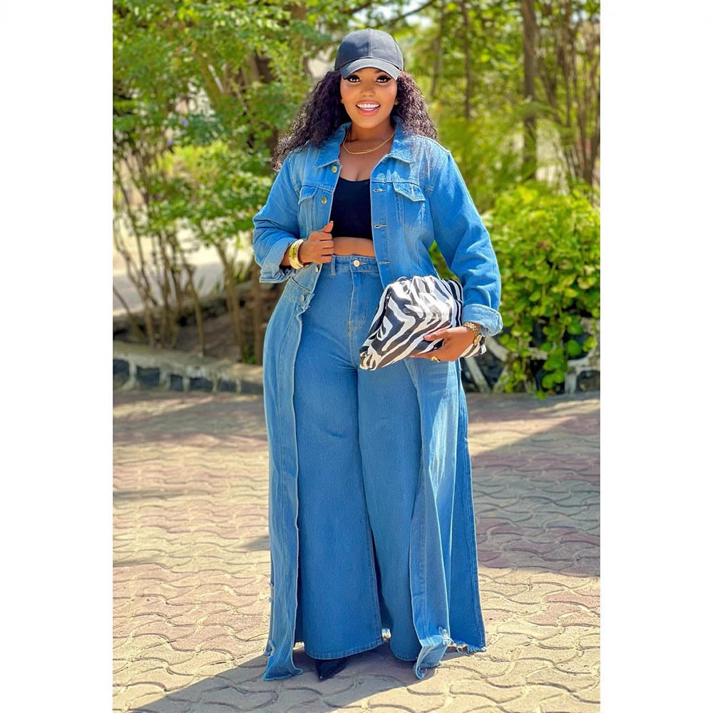 Style Loose Denim Long Coat Women's Autumn Winter Buttoned Open Front Long Sleeve Trench Coat Jacket