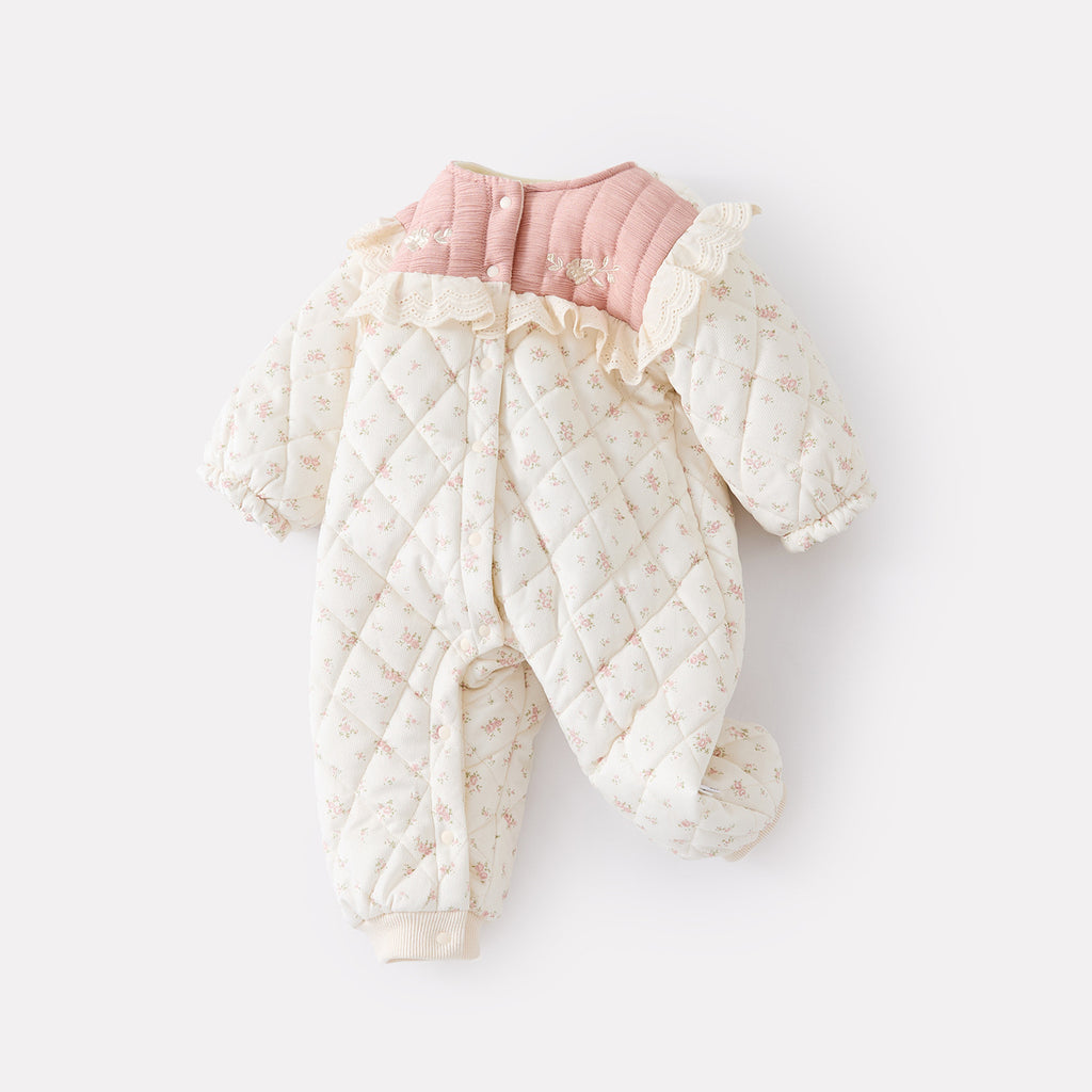 Quilted Fleece Floral Romper with Embroidery, Thick Warm Long Bodysuit for Girls