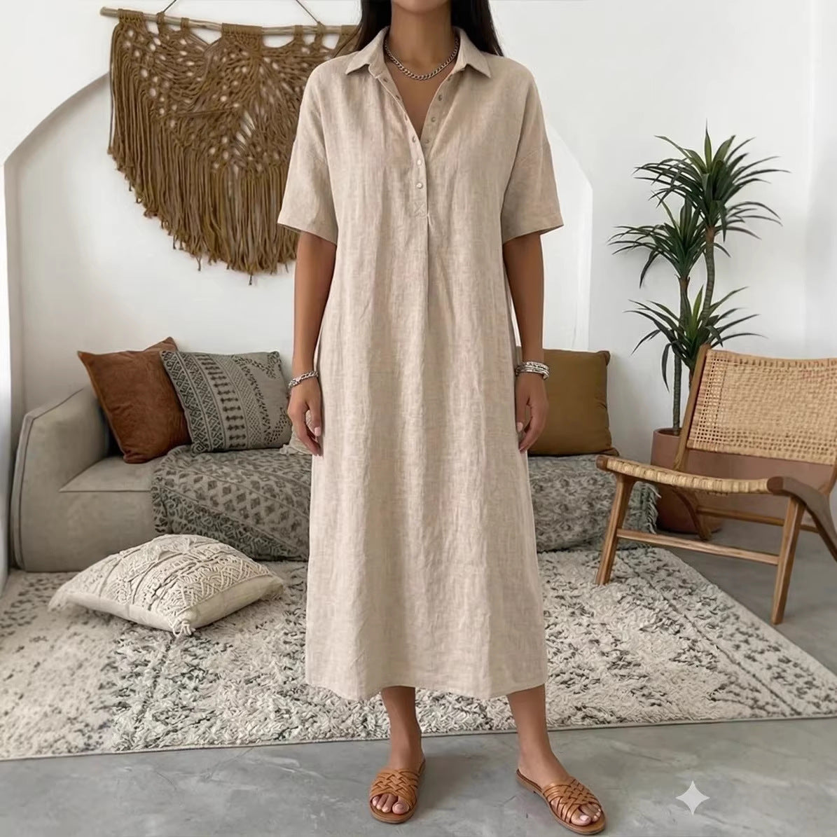 Casual Straight Fit Comfortable Linen Short Sleeve Polo Neck Dress for Women