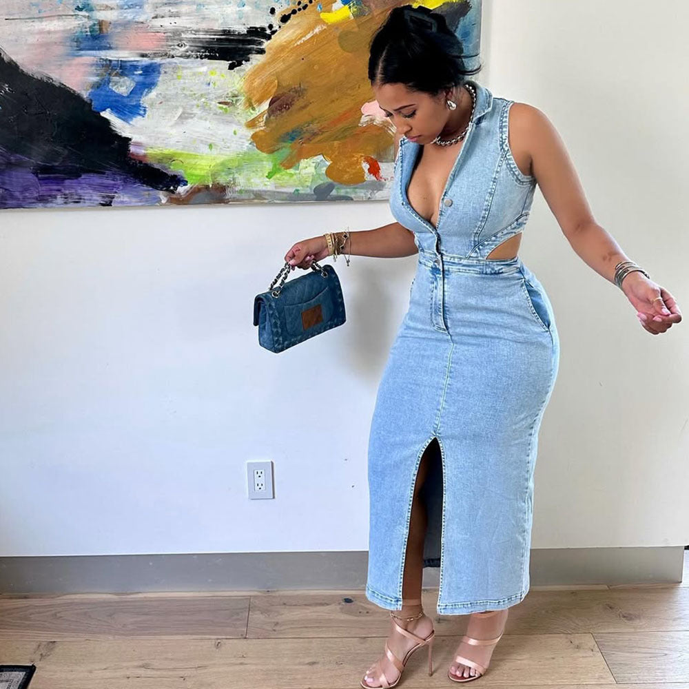 Women's Denim Dress, Fashion Sexy Sleeveless Flip Collar Split Dress