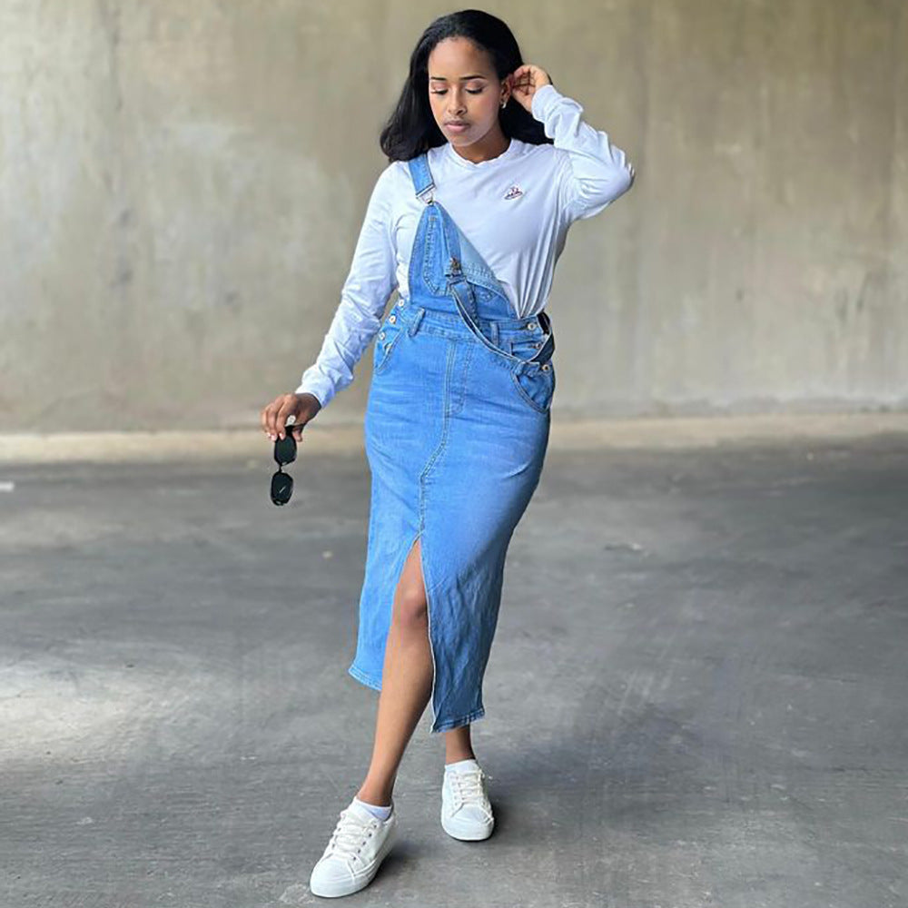 Women's Straight Leg Overalls Dress Street Fashion Large Pocket Slit Denim Skirt