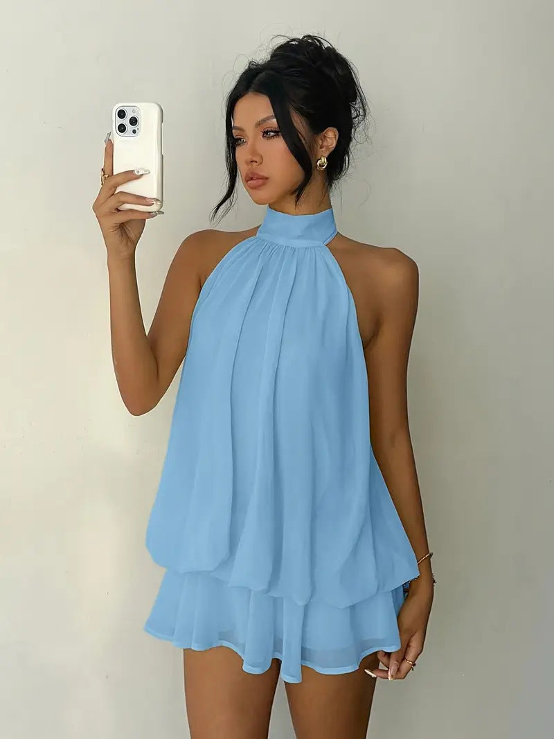 Women's vacation fitted sexy backless halter neck tie-waist dress with puffy short skirt