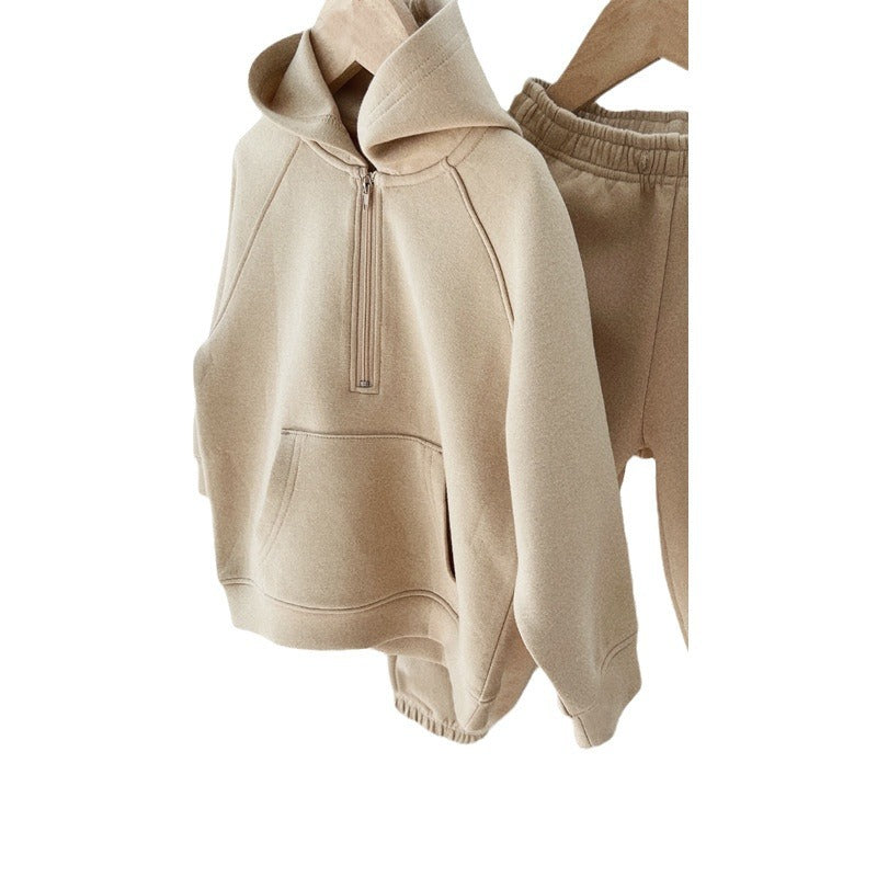 Half zip hooded sweatshirt ankle pants minimalist fleece two-piece set