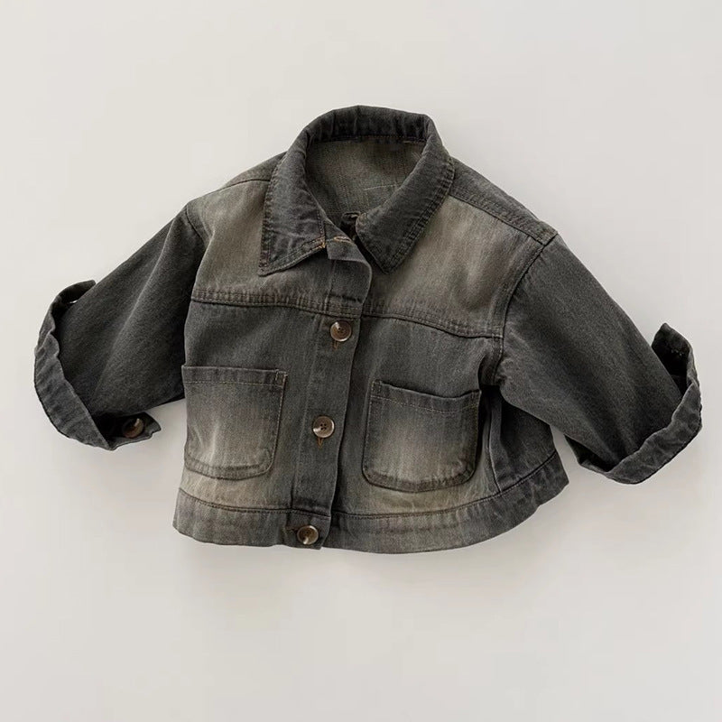 Retro collar washed denim jacket