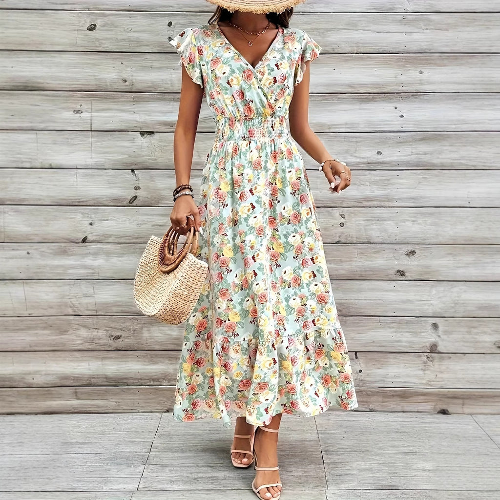 Clothing  Elegant Floral Print V-Neck Short Sleeve Fitted Dress