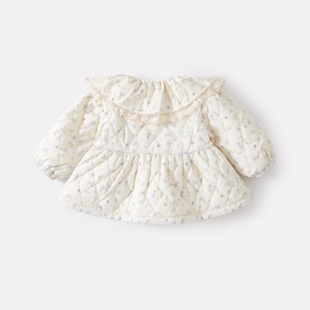 Floral Cotton Jacket Set for Baby Girls, Quilted Coat with Fleece Lined Bottoms