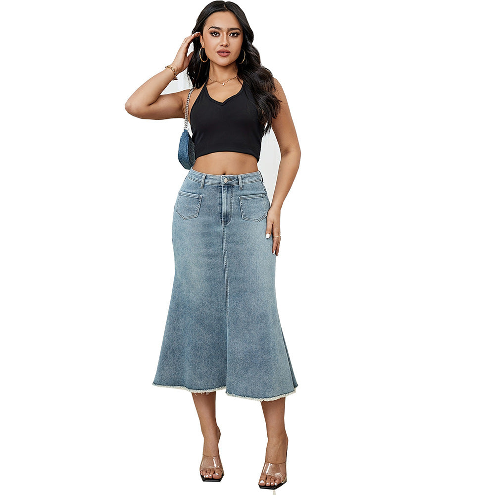 Style high-waisted denim skirt, street casual A-line floor-length frayed hem denim skirt