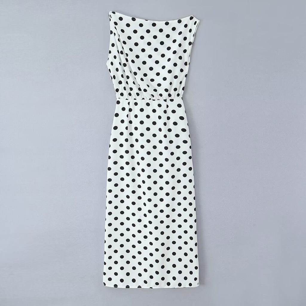 Retro one line slanted shoulder size polka dot patchwork dress
