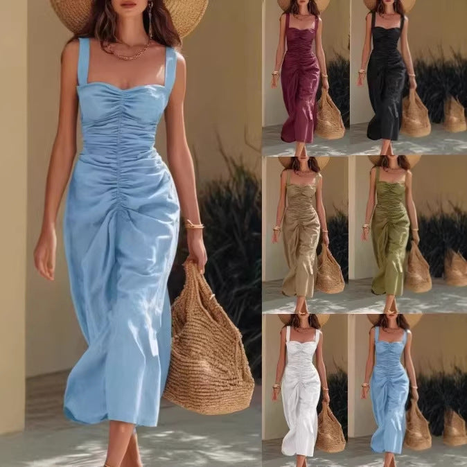 Vacation Dress with Pleated Waist, Strapless, Fitted Silhouette, Summer Fashion Dress