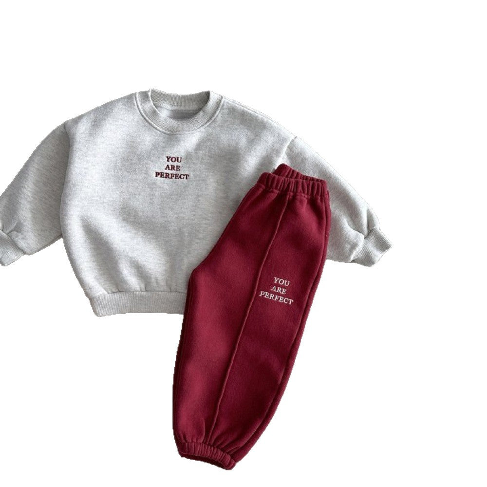 Embroidered letter color blocking casual versatile and plush two-piece set