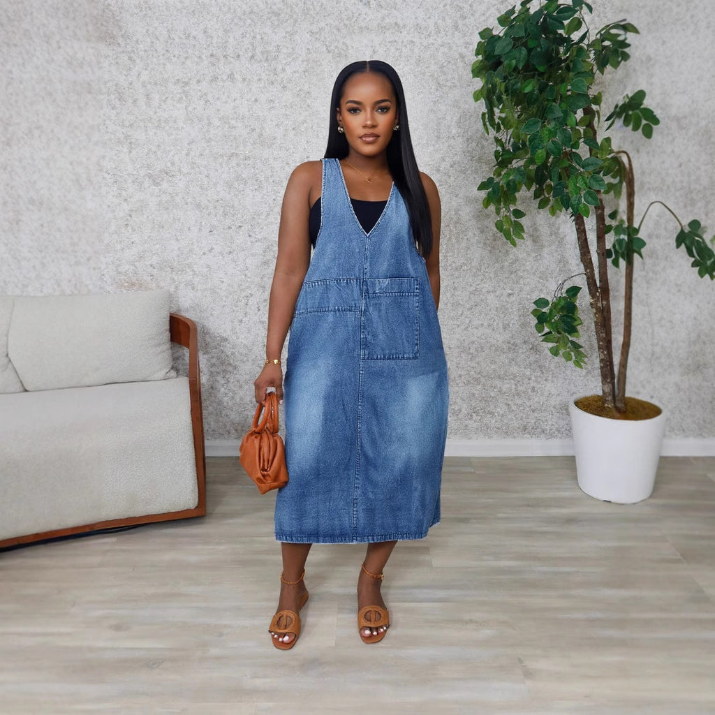 Washed Pocket Sleeveless Mid-Length Denim Dress