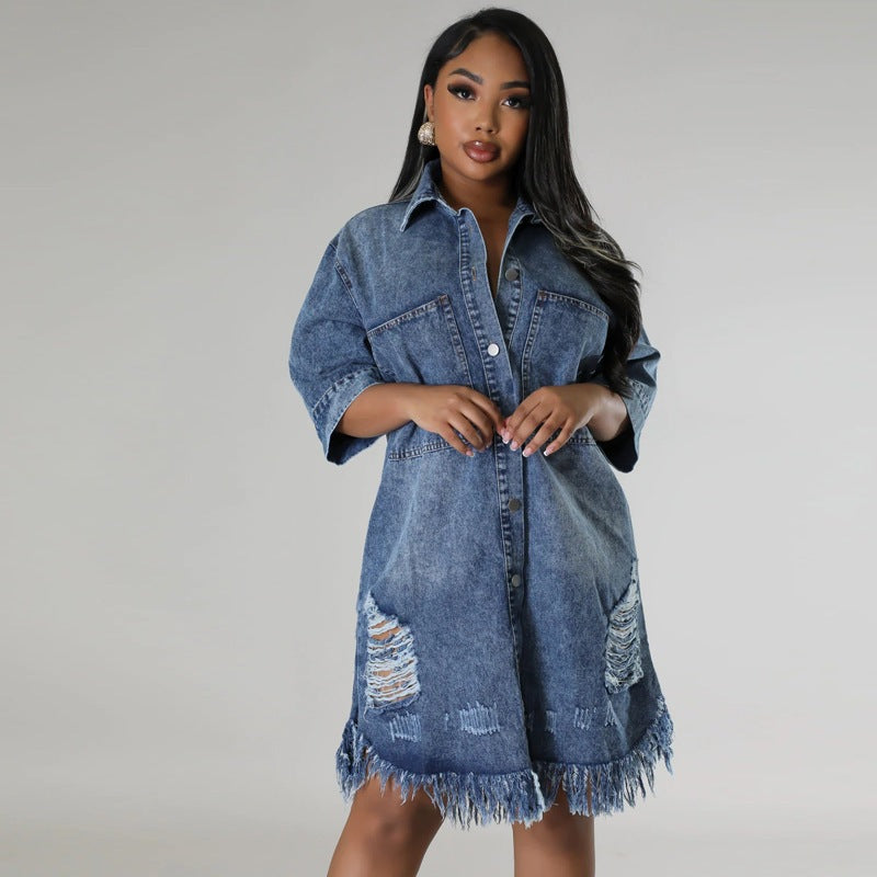 Fashionable Denim Jacket for Women with Ripped Fringe Short Sleeve Turn-Down Collar