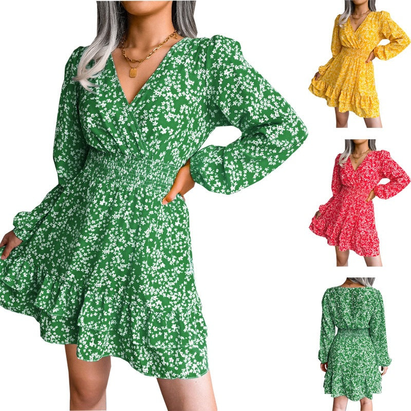 Spring Summer Floral V-Neck Chiffon Dress for Women