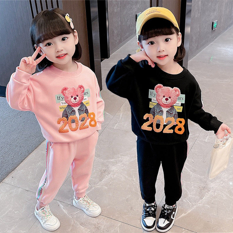 Children's Outerwear Set for Girls, Two-Piece Outfit with Cartoon Design