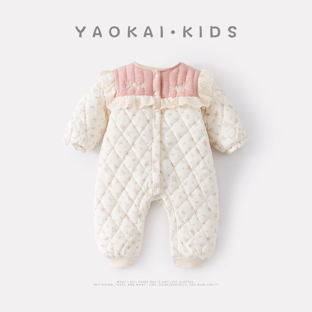 Quilted Fleece Floral Romper with Embroidery, Thick Warm Long Bodysuit for Girls
