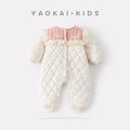 Quilted Fleece Floral Romper with Embroidery, Thick Warm Long Bodysuit for Girls