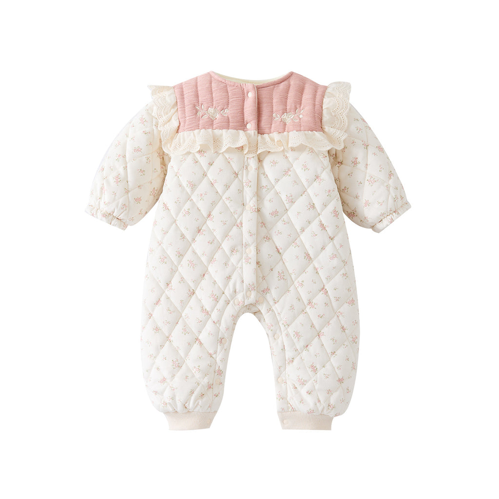 Quilted Fleece Floral Romper with Embroidery, Thick Warm Long Bodysuit for Girls