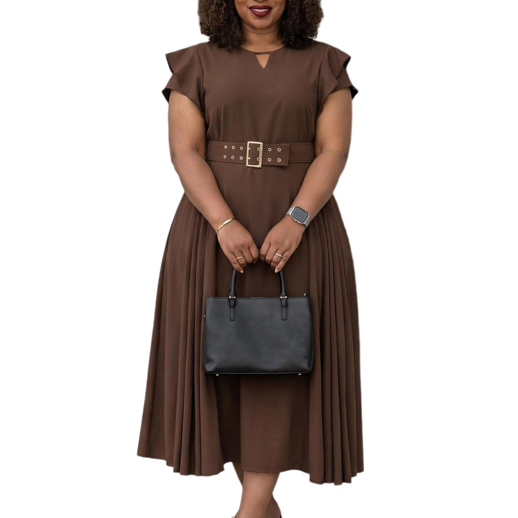 Short sleeved solid color high waist mid length dress