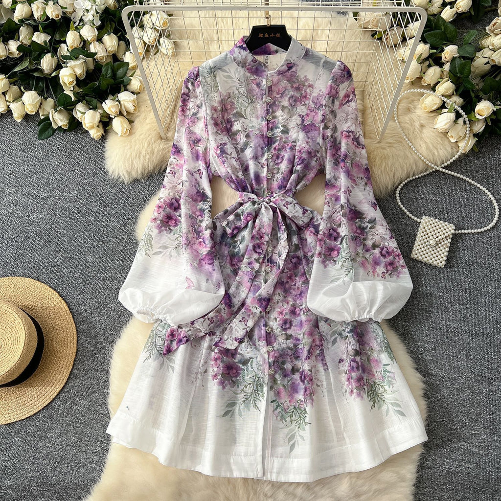 Stand up collar single breasted lantern sleeve dress