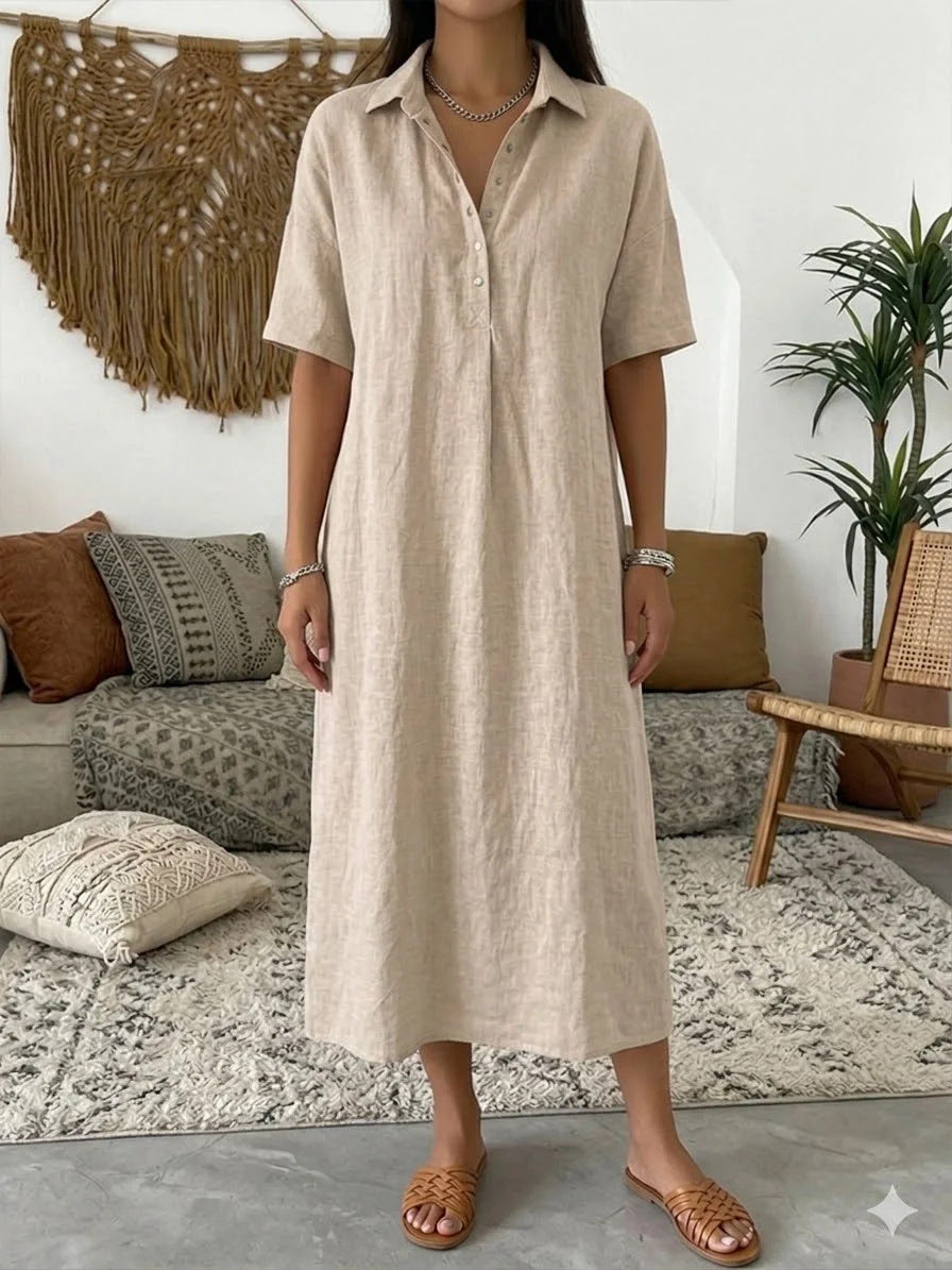 Casual Straight Fit Comfortable Linen Short Sleeve Polo Neck Dress for Women
