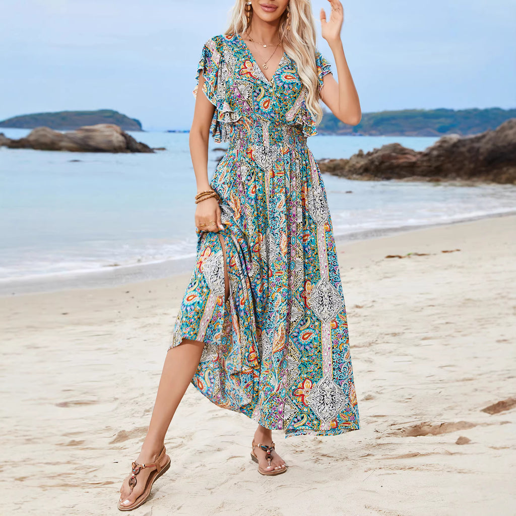 V-neck short sleeved slit dress