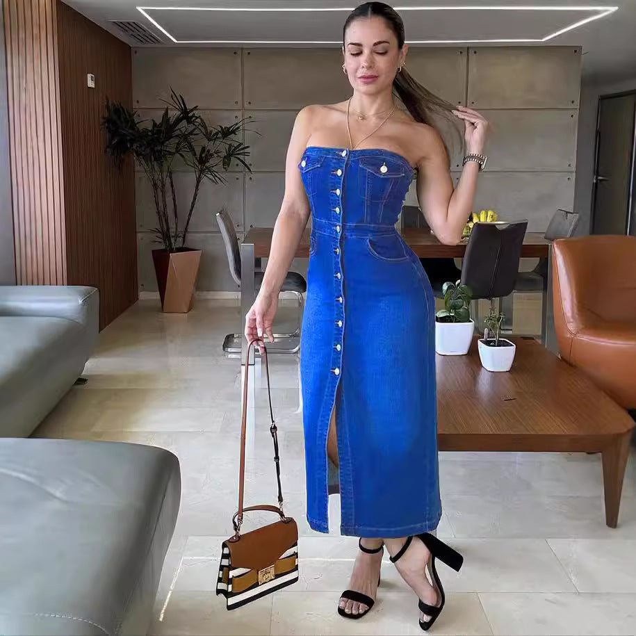 Women's Denim Dress Fashion Sexy Strapless Single-Button Split Bodycon Dress
