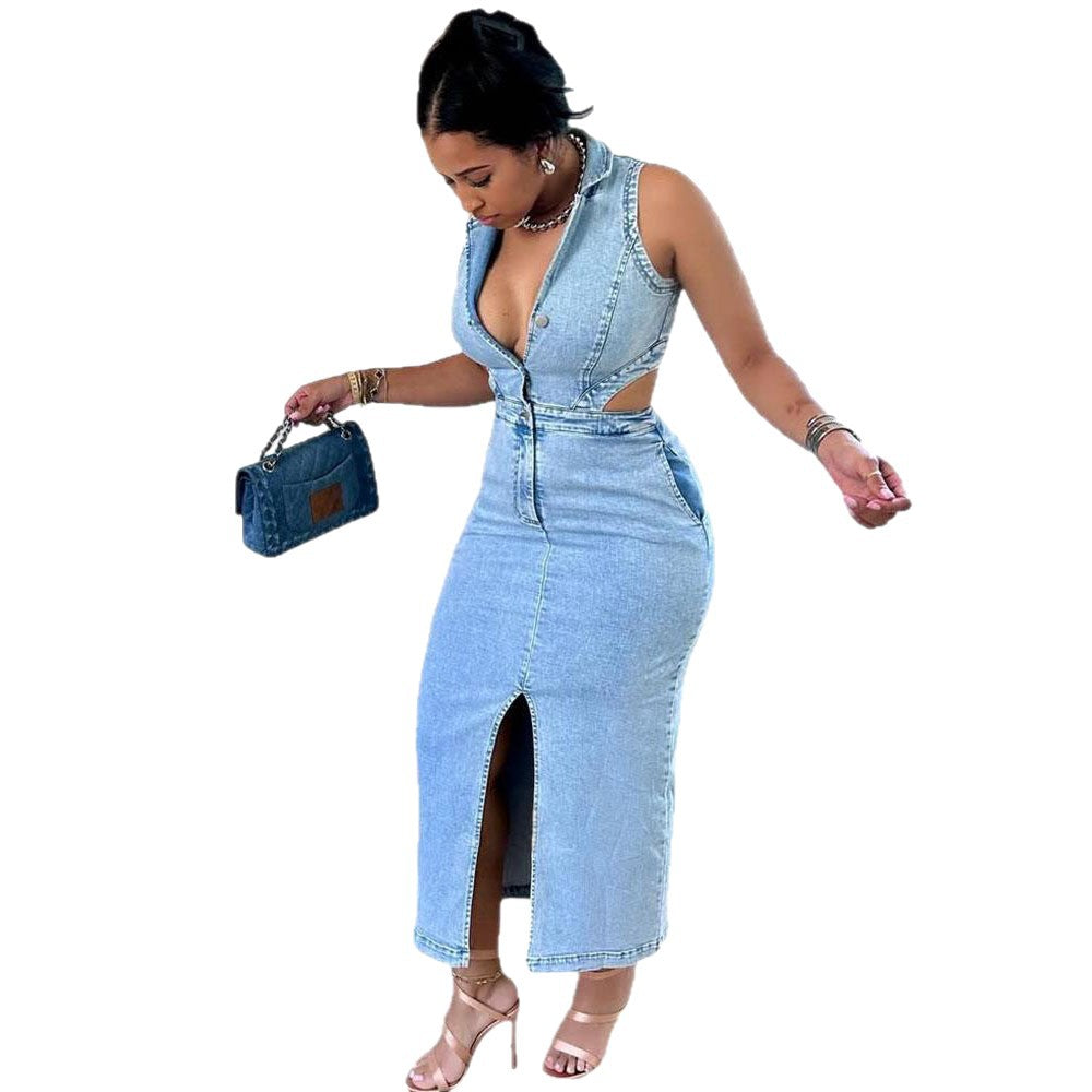 Women's Denim Dress, Fashion Sexy Sleeveless Flip Collar Split Dress