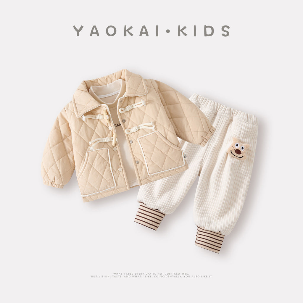 Cotton-Padded Thick Outerwear Set, Baby Fleece Lined Bottom Shirt and Sweatpants Three-Piece Fashion Set