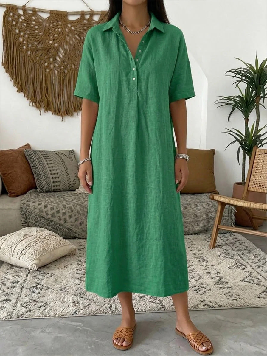 Casual Straight Fit Comfortable Linen Short Sleeve Polo Neck Dress for Women