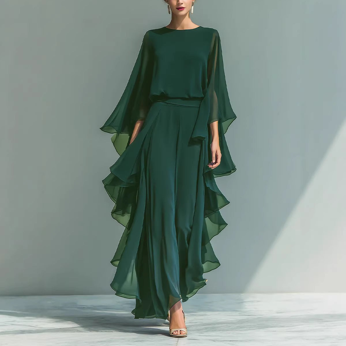 Ladies' Navy Blue Chiffon Top with Flared Sleeves and Straight Leg Pants Set with Ruffle Trim