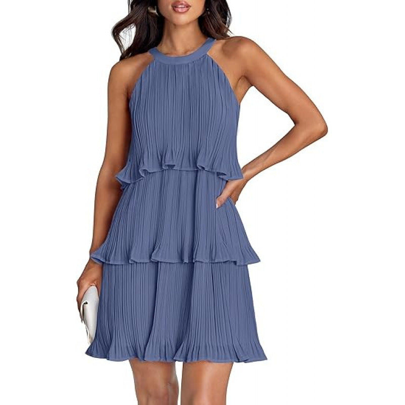 Layered Patchwork Sleeveless Dress with Pleated Hem and Hooded Design for Women