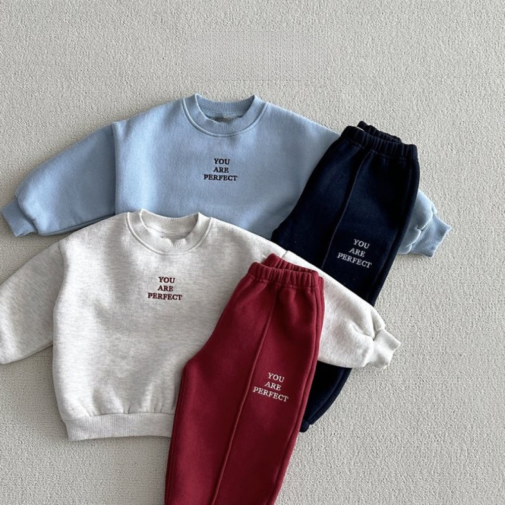Embroidered letter color blocking casual versatile and plush two-piece set