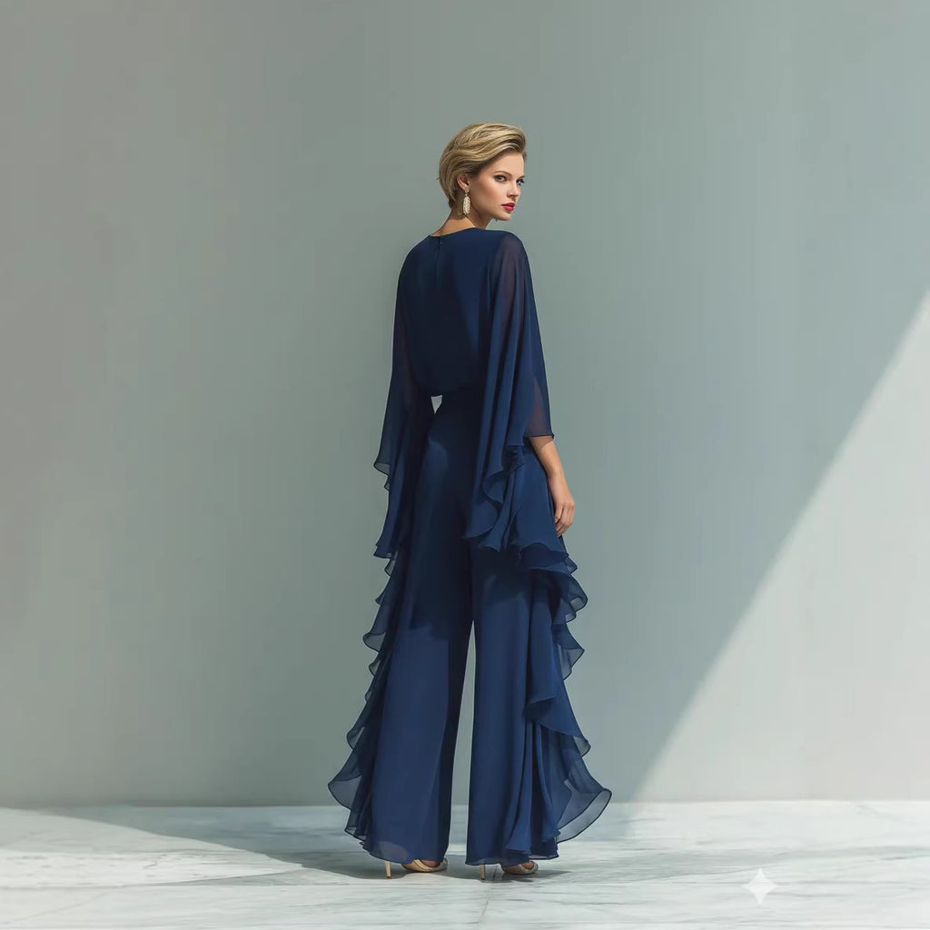 Ladies' Navy Blue Chiffon Top with Flared Sleeves and Straight Leg Pants Set with Ruffle Trim