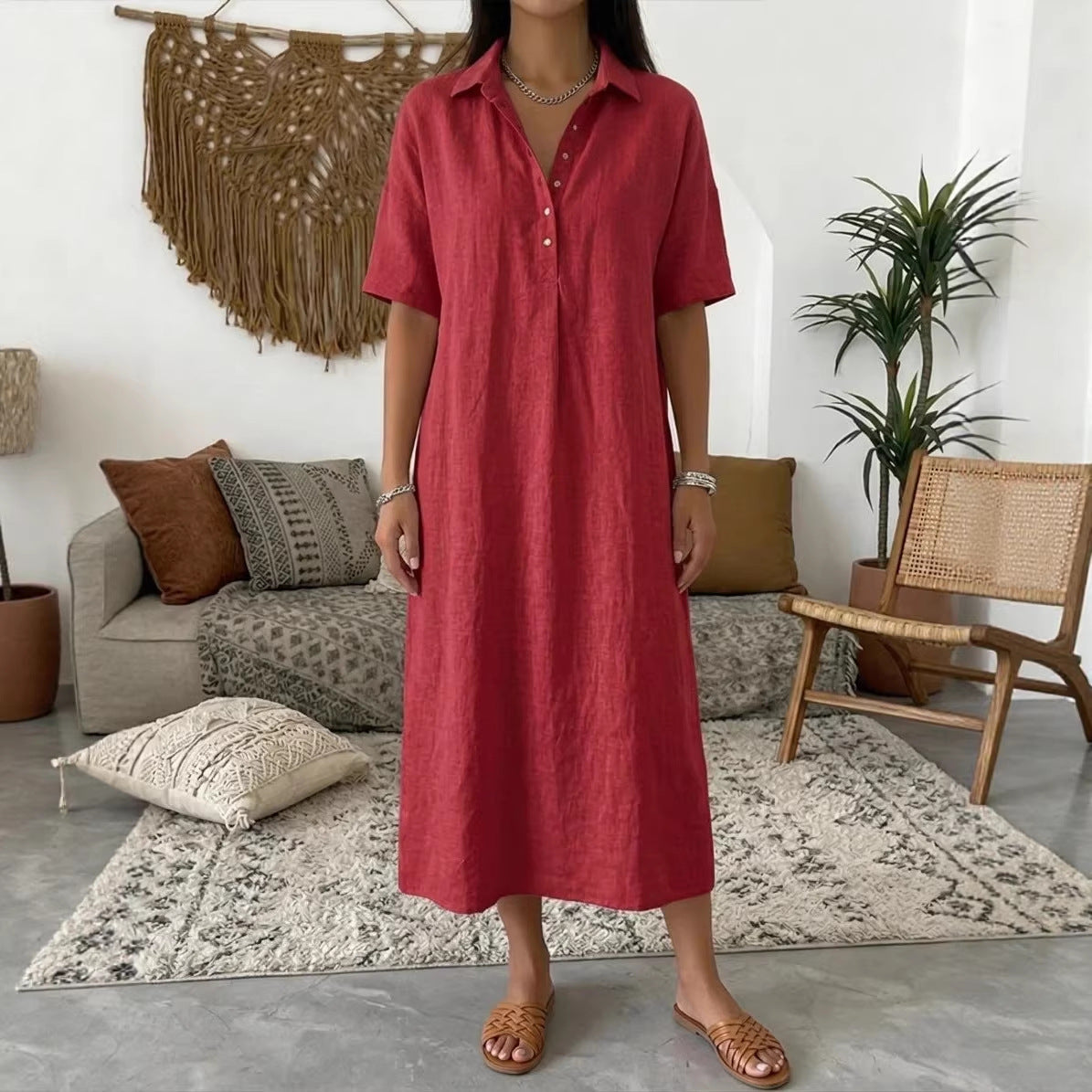 Casual Straight Fit Comfortable Linen Short Sleeve Polo Neck Dress for Women