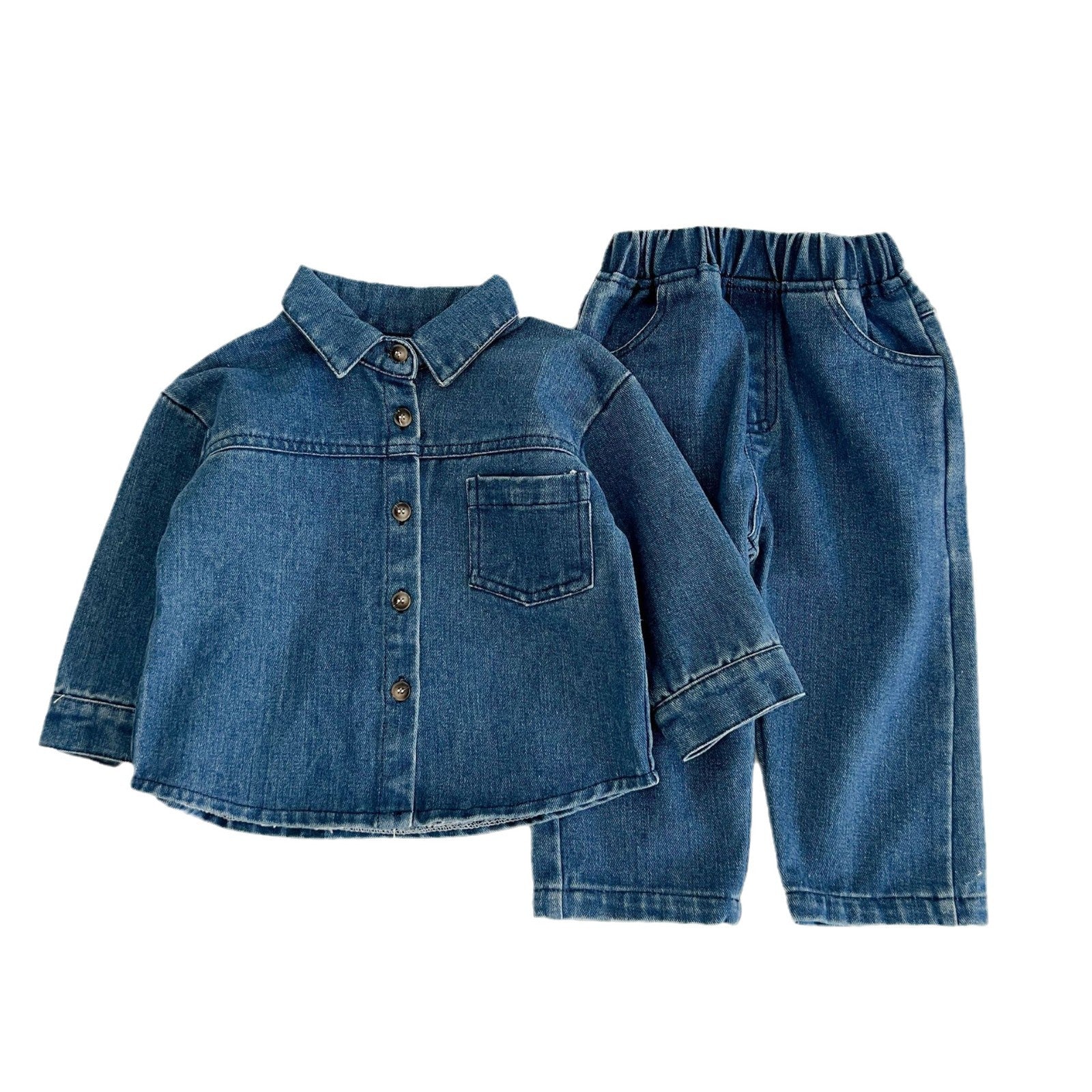 Autumn and winter set boys' and girls' solid color denim two-piece set