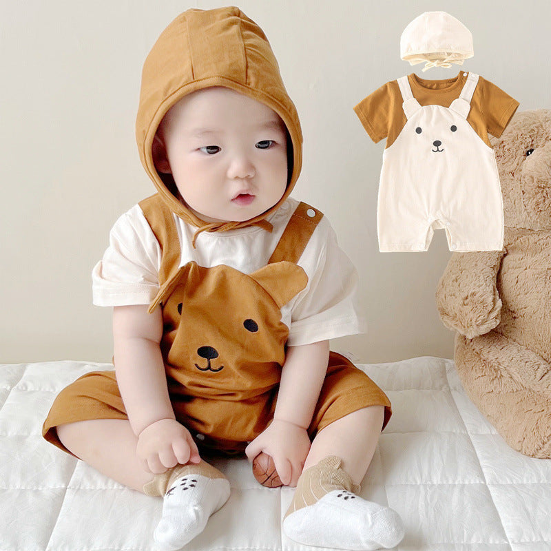 Cute and Adorable Baby Short Sleeve Onesie with Hat, Fake Two-Piece Set, Lightweight Crawling Suit